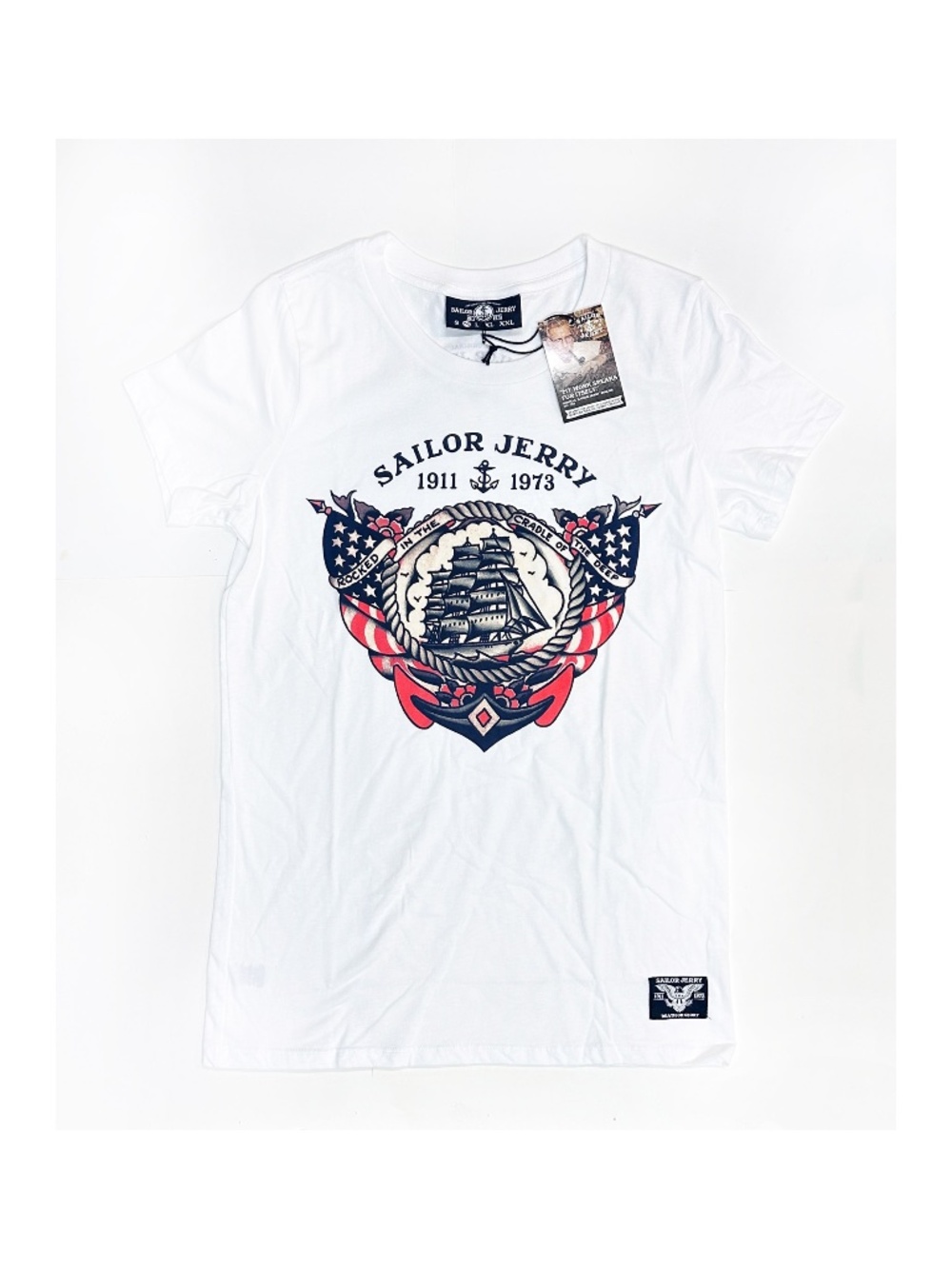 SAILOR JERRY Men’s Medium White Graphic T Shirt Pirate Ship American Flag Anchor